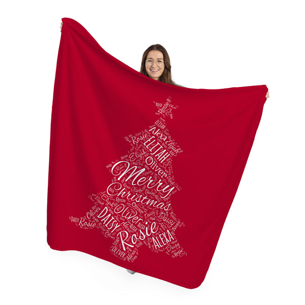 Personalised Christmas Tree Name Collage Fleece Throw Blanket - 4 Designs - Large Size 150cm x 150cm