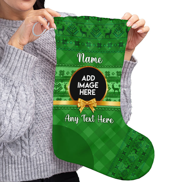 Golden Bow - Green - Personalised Photo Christmas Stocking