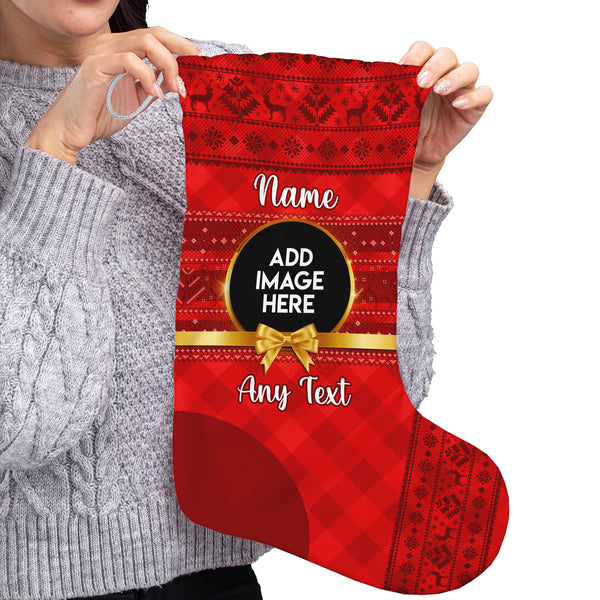 Golden Bow - Red - Personalised Photo Christmas Stocking