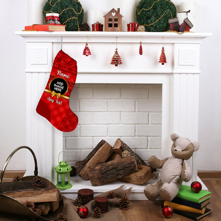 Golden Bow - Red - Personalised Photo Christmas Stocking