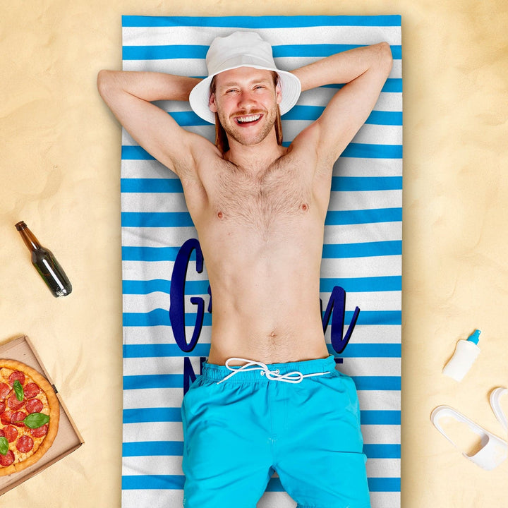 Personalised Beach Towel - Groom - Blue Stripe