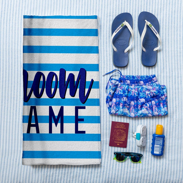 Personalised Beach Towel - Groom - Blue Stripe