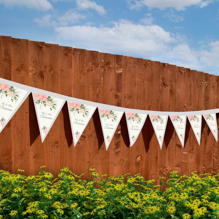 Personalised Wedding - Sage & Pink Roses - 3m Fabric Bunting