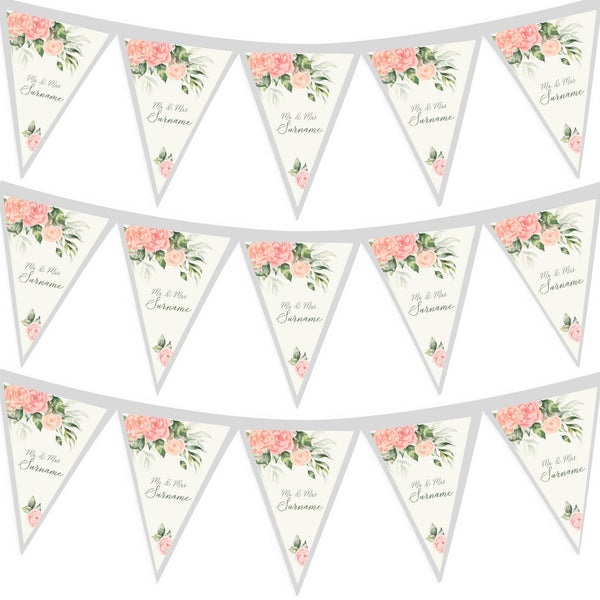 Personalised Wedding - Sage & Pink Roses - 3m Fabric Bunting