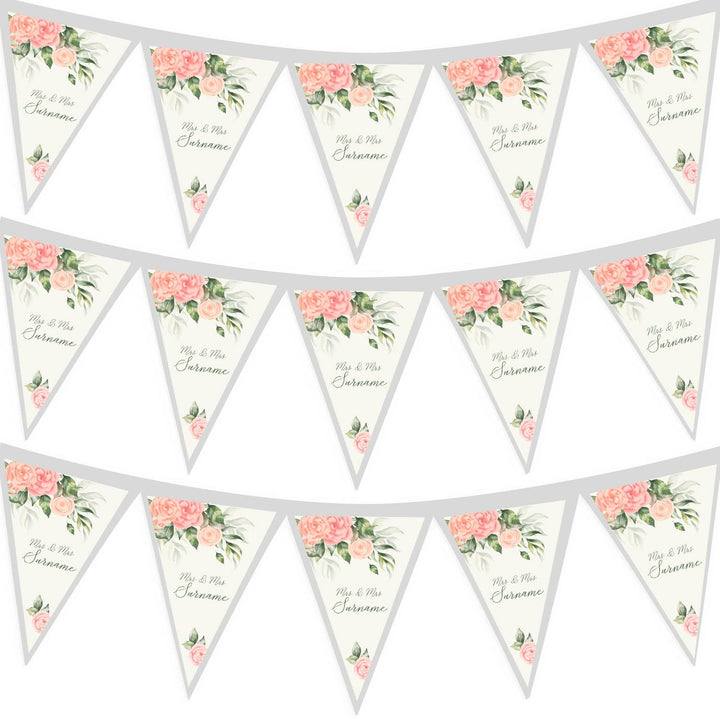 Personalised Wedding - Sage & Pink Roses - 3m Fabric Bunting